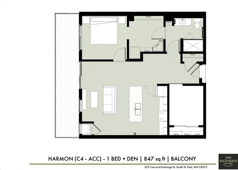Floor plan for 1 bed, 1 bath, 847 sqft