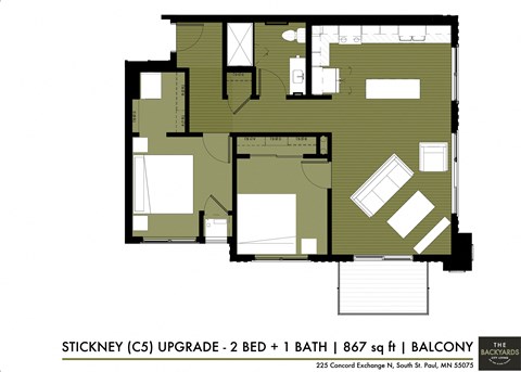 Floor plan for 2 beds, 1 bath, 867 sqft