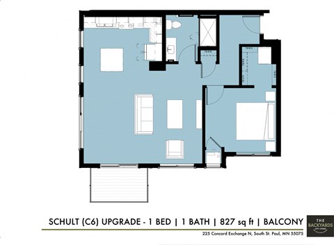 Floor plan for 1 bed, 1 bath, 828 sqft