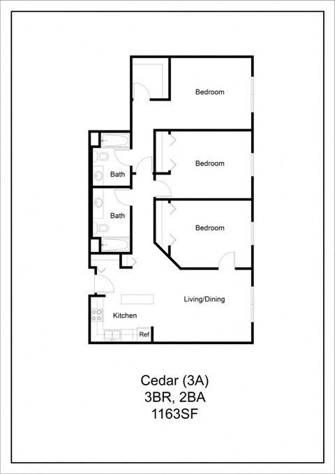 Floor plan for 3 beds, 2 baths, 1163 sqft