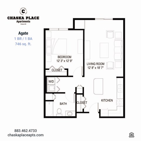 Floor plan for 1 bed, 1 bath, 756 sqft