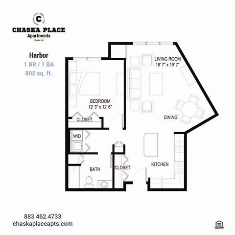 Floor plan for 1 bed, 1 bath, 820 sqft