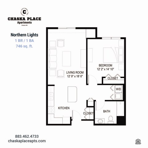 Floor plan for 1 bed, 1 bath, 756 sqft