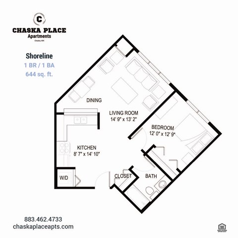 Floor plan for 1 bed, 1 bath, 644 sqft