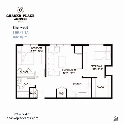Floor plan for 2 beds, 1 bath, 887 sqft