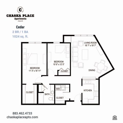 Floor plan for 2 beds, 1 bath, 1075 sqft