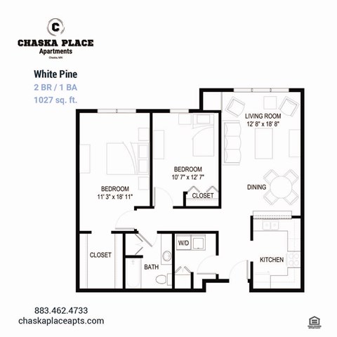 Floor plan for 2 beds, 1 bath, 1039 sqft