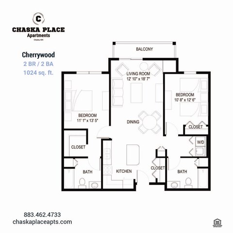 Floor plan for 2 beds, 2 baths, 1082 sqft