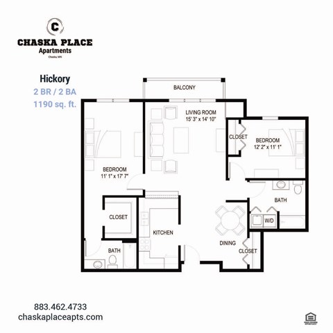 Floor plan for 2 beds, 2 baths, 1193 sqft