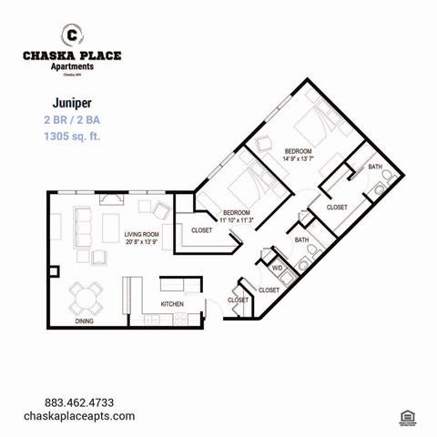 Floor plan for 2 beds, 2 baths, 1430 sqft