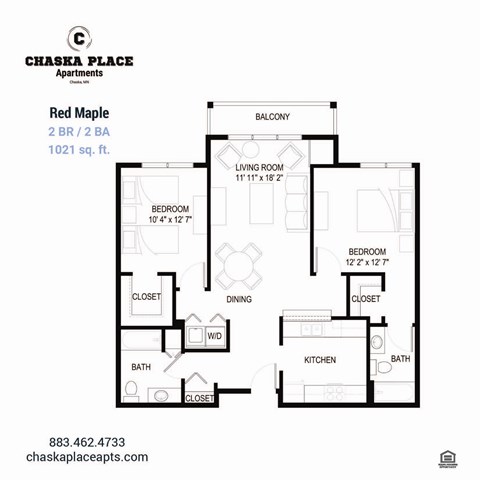 Floor plan for 2 beds, 2 baths, 1094 sqft
