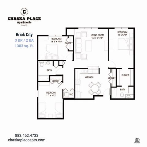 Floor plan for 3 beds, 2 baths, 1428 sqft
