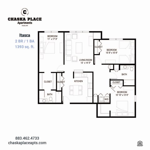 Floor plan for 3 beds, 2 baths, 1365 sqft