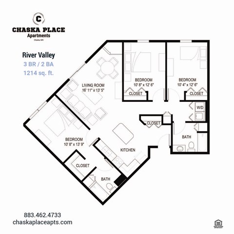 Floor plan for 3 beds, 2 baths, 1250 sqft