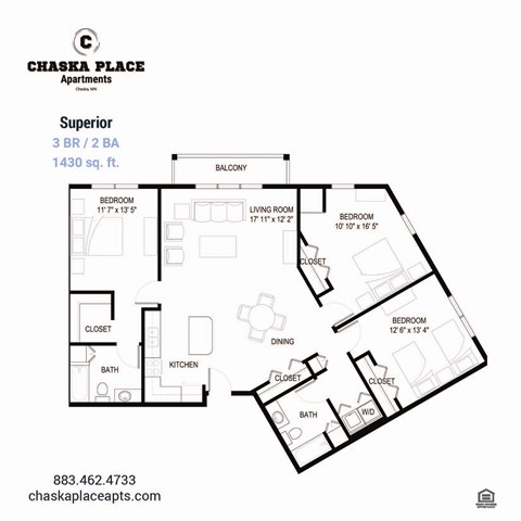 Floor plan for 3 beds, 2 baths, 1411 sqft