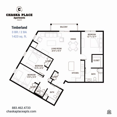 Floor plan for 3 beds, 2 baths, 1485 sqft