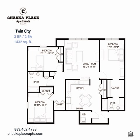 Floor plan for 3 beds, 2 baths, 1431 sqft