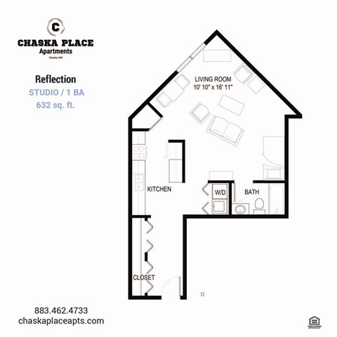 Floor plan for studio, 1 bath, 837 sqft