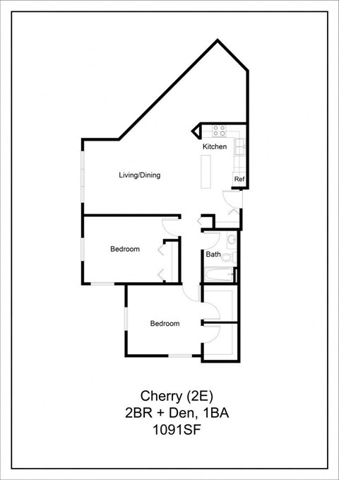 Floor plan for 2 beds, 1 bath, 1091 sqft