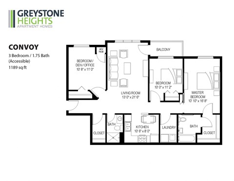 Floor plan for 3 beds, 2 baths, 1189 sqft