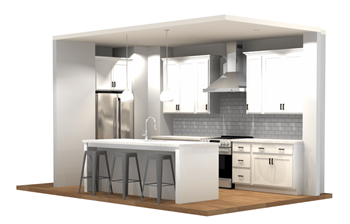 Kitchen with white cabinets and a white island