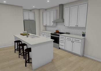 A kitchen with a white counter top and a stove top oven