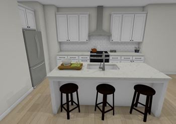 A kitchen with a sink and three stools