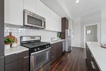 Saint Paul apartment for rent - A modern kitchen with dark wood floors and stainless steel appliances.