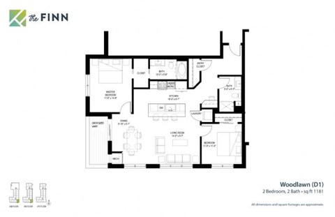 Floor plan for 2 beds, 2 baths, 1181 sqft