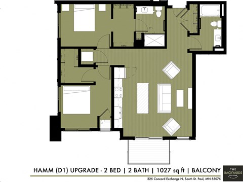Floor plan for 2 beds, 2 baths, 1027 sqft