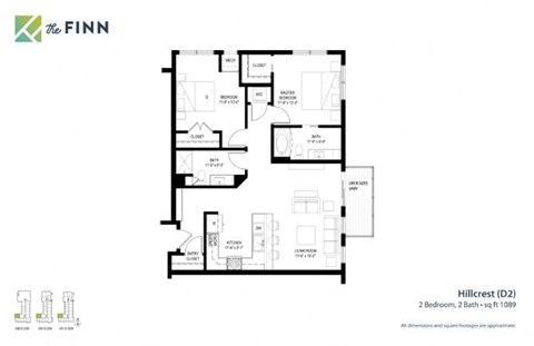 Floor plan for 2 beds, 2 baths, 1095 sqft