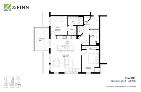 Floor plan for 2 beds, 2 baths, 1187 sqft