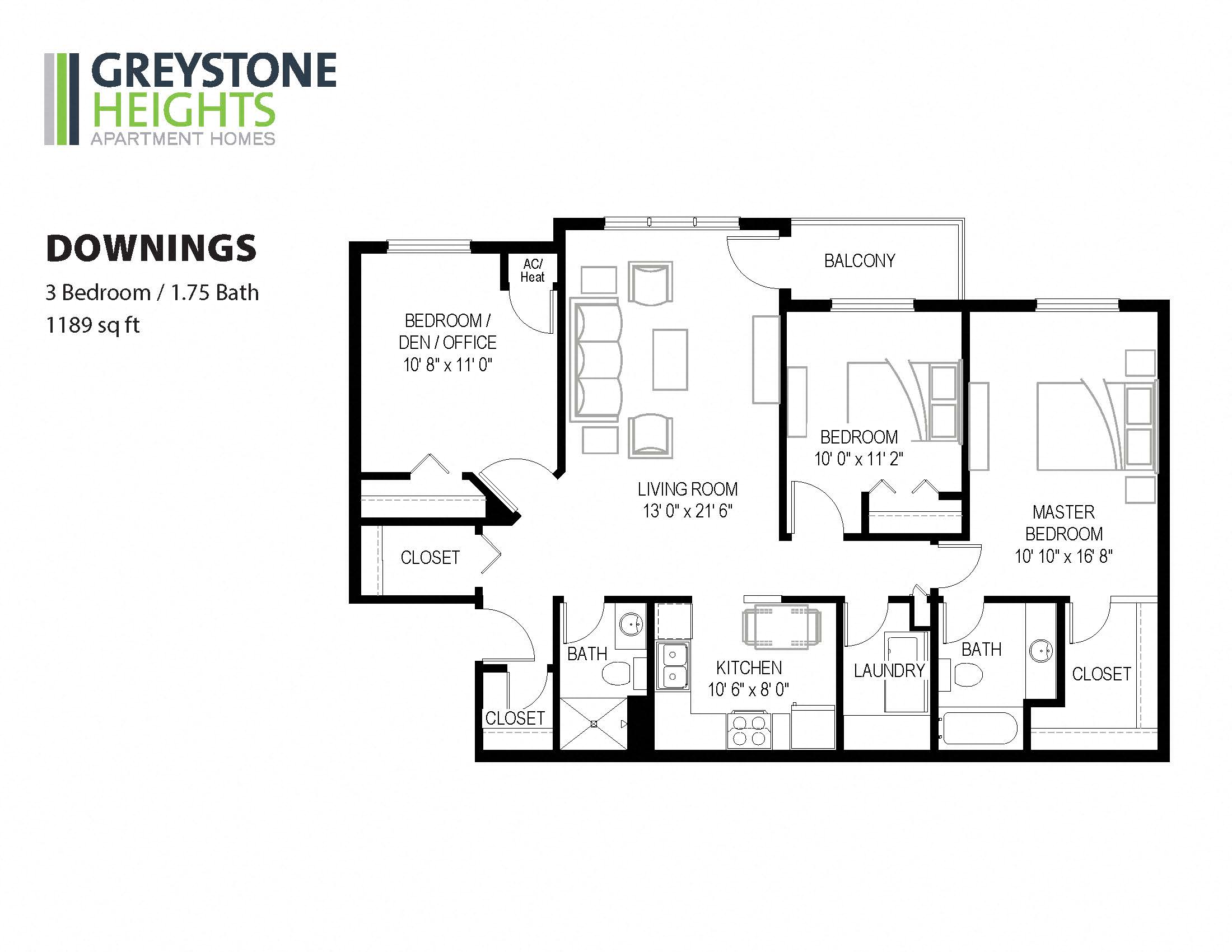 Floor plan for 3 beds, 2 baths, 1189 sqft