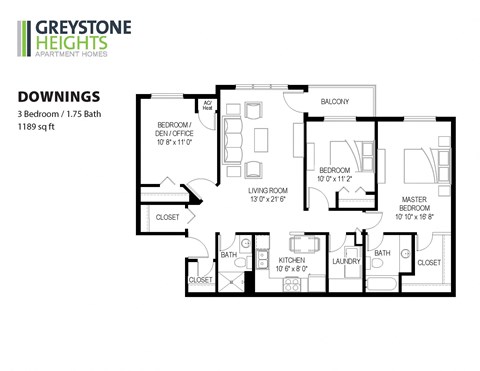 Floor plan for 3 beds, 2 baths, 1189 sqft