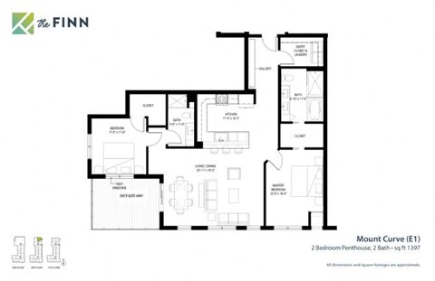 Floor plan for 2 beds, 2 baths, 1397 sqft