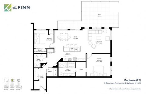 Floor plan for 2 beds, 2 baths, 1521 sqft