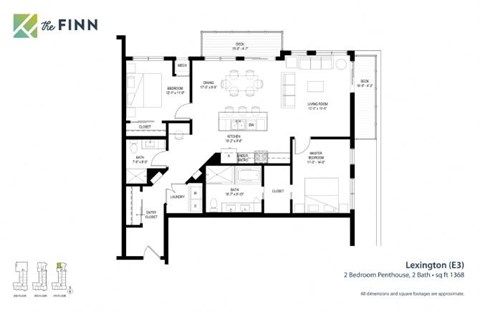 Floor plan for 2 beds, 2 baths, 1368 sqft