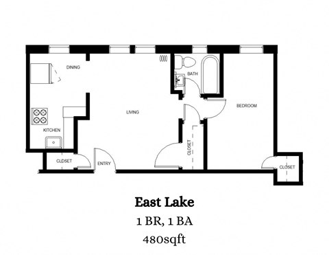Floor plan for 1 bed, 1 bath, 480 sqft