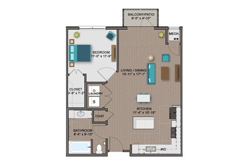 Floor plan for 1 bed, 1 bath, 752 sqft