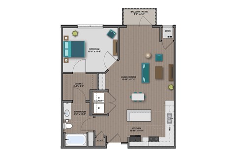 Floor plan for 1 bed, 1 bath, 778 sqft