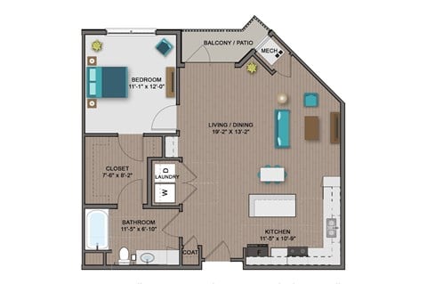 Floor plan for 1 bed, 1 bath, 845 sqft