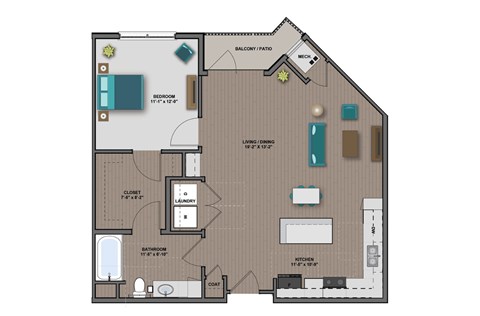 Floor plan for 1 bed, 1 bath, 845 sqft