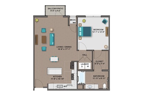 Floor plan for 1 bed, 1 bath, 860 sqft