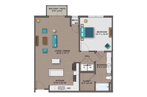 Floor plan for 1 bed, 1 bath, 860 sqft