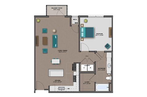 Floor plan for 1 bed, 1 bath, 860 sqft