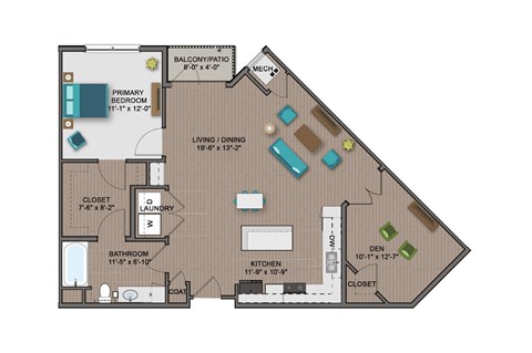 Floor plan for 2 beds, 1 bath, 1010 sqft