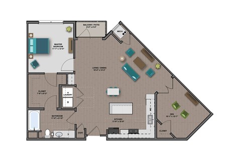 Floor plan for 2 beds, 1 bath, 1010 sqft