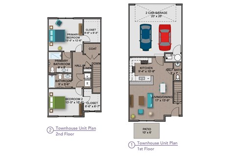 Floor plan for 2 beds, 2.5 baths, 1347 sqft
