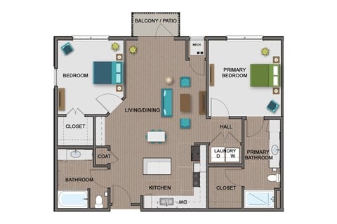 Floor plan for 2 beds, 2 baths, 1133 sqft