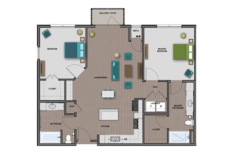 Floor plan for 2 beds, 2 baths, 1133 sqft